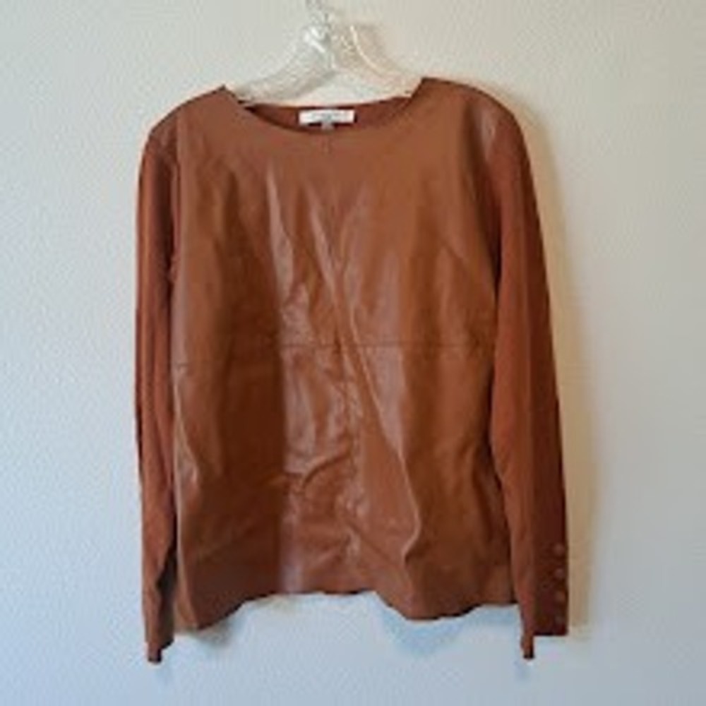 Siani Milano Womens Faux Leather Front Ribbed Knit Top Brown Long Sleeve M